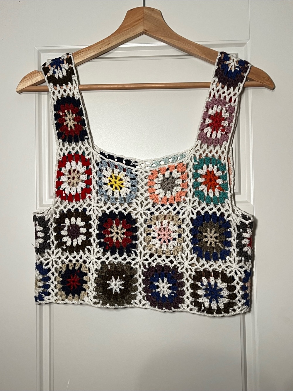 Multicolor Crochet Granny Square Boho Bohemian Crop Tank Top - White Trim